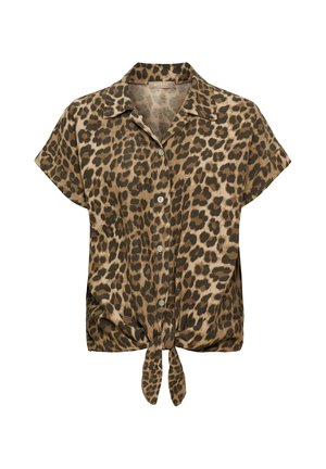 Kortärmad skjorta med leopardmönster, knappar, krage och knut fram, i nyanser av brunt och svart.