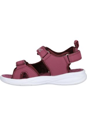 Rosa Sandale mit synthetischem Obermaterial, verstellbaren Riemen, offenem Zehenbereich und einer gepolsterten weißen Sohle für Komfort.