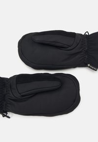 Melni GORE-TEX cimdi ar gludu ādas virsmu, mīkstu iekšējo oderi, elastīgiem plaukstu aprocēm un dizainu, kas ietver divdaļīgu pirkstu sekciju.