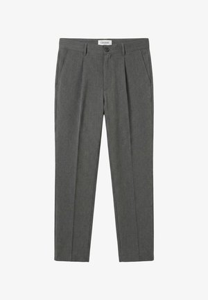 Grå skreddersydde bukser med beltehemper, sidelommer og knappelukking foran, merket "CISZERE" inne i linningen.