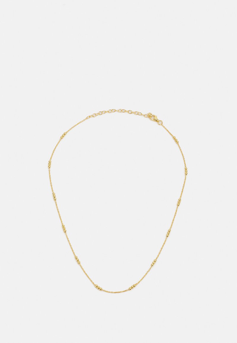 Colier din aur cu accente de mărgele rotunde, având un design delicat și subțire, cu închidere tip carabină. Textură netedă, finisaj lucios.