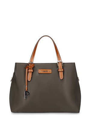 Dark brown handbag with light brown handles and accents, silver buckle details, and a hanging "P" charm on the left handle.