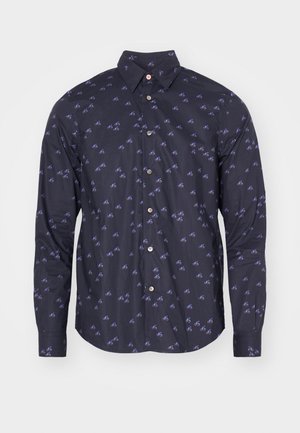 Marineblauw overhemd met lange mouwen met een herhaald fiets patroon in paars. Klassieke kraag met knoopsluiting, zachte stof en standaard pasvorm.