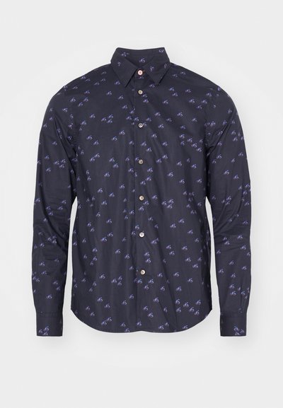 Maglietta a maniche lunghe di colore blu navy con un motivo a biciclette ripetuto in viola. Colletto classico con chiusura a bottone, tessuto morbido e vestibilità standard.