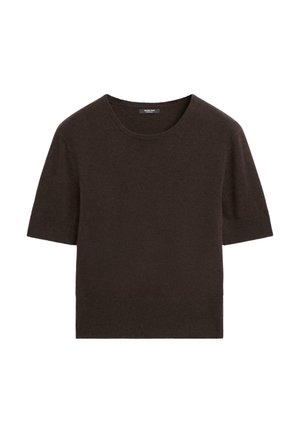 Brauner Kurzarmpullover mit rundem Halsausschnitt. Hergestellt aus weichem, strukturiertem Stoff. Schlichtes Design ohne zusätzliche Muster oder Hardware-Details.
