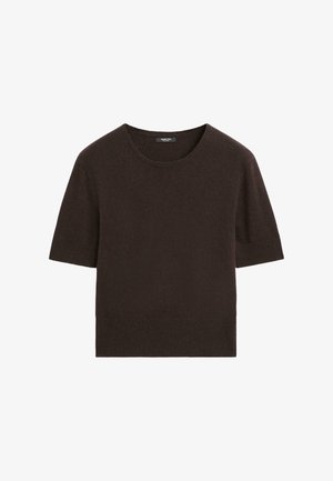 Brun kortärmad tröja med rund halsringning. Tillverkad av mjukt, strukturerat tyg. Enkel design utan ytterligare mönster eller detaljer.