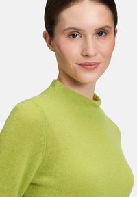 Zielony sweter z dzianiny o wysokiej szyi i dopasowanym kroju. Miękka tekstura z delikatnym połyskiem, z wyraźnymi liniami i minimalną ilością detali.