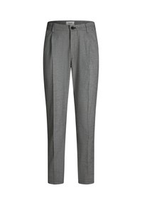Heren slim-fit grijze formele broek met plooien aan de voorkant, ceintuurlussen, knoopsluiting en een merklabel aan de binnenkant van de tailleband.