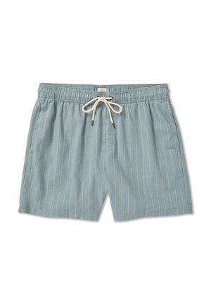 Jasnoniebieskie kąpielówki z białymi pionowymi paskami, elastycznym paskiem w talii i sznurkiem do regulacji. Charakteryzują się luźnym krojem i miękką teksturą tkaniny.