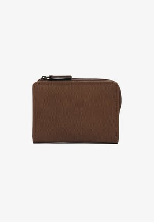 Brown fabric wallet with a zip closure. Textured surface, rectangular shape, compact design, and visible stitching along edges.