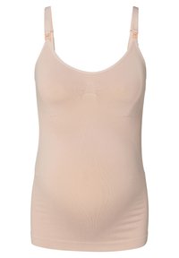 Beige naadloze zwangerschaps shapewear top met verstelbare schouderbanden en zachte rekbare stof.