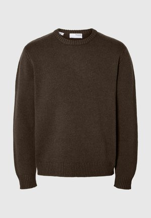 Brun strikket sweater med rund hals, ribbede manchetter og kant. Lavet af struktureret stof med et enkelt, ensfarvet design.
