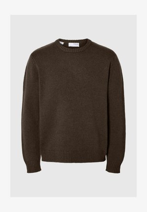 Bruine gebreide trui met een ronde hals, geribde mouwen en zoom. Gemaakt van geweven stof met een eenvoudige, effen uitstraling.