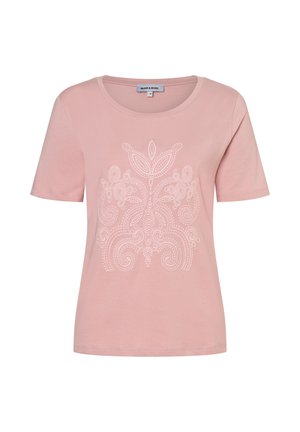 Pinkes T-Shirt mit kurzen Ärmeln und rundem Ausschnitt mit weißer, aufwändiger Blumenstickerei mittig vorne.