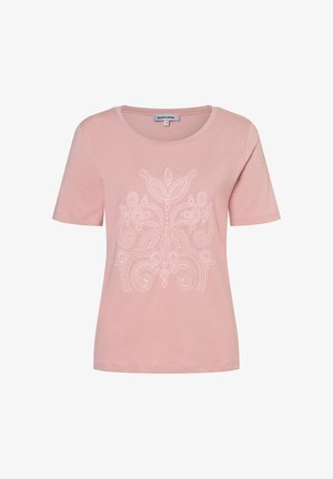 Pink short-sleeve t-shirt with round neckline and white intricate floral embroidery centered on the front.