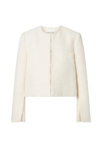 Vit texturerad kort jacka med långa ärmar och rund halsringning. Har en frontknäppning och sidslitsar för extra designdetalj.