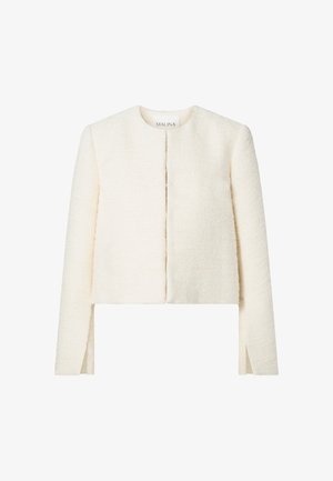 Biela textúrovaná krátka bunda s dlhými rukávmi a okrúhlym výstrihom. Má zapínanie vpredu a bočné rozparky pre pridanie dizajnových detailov.