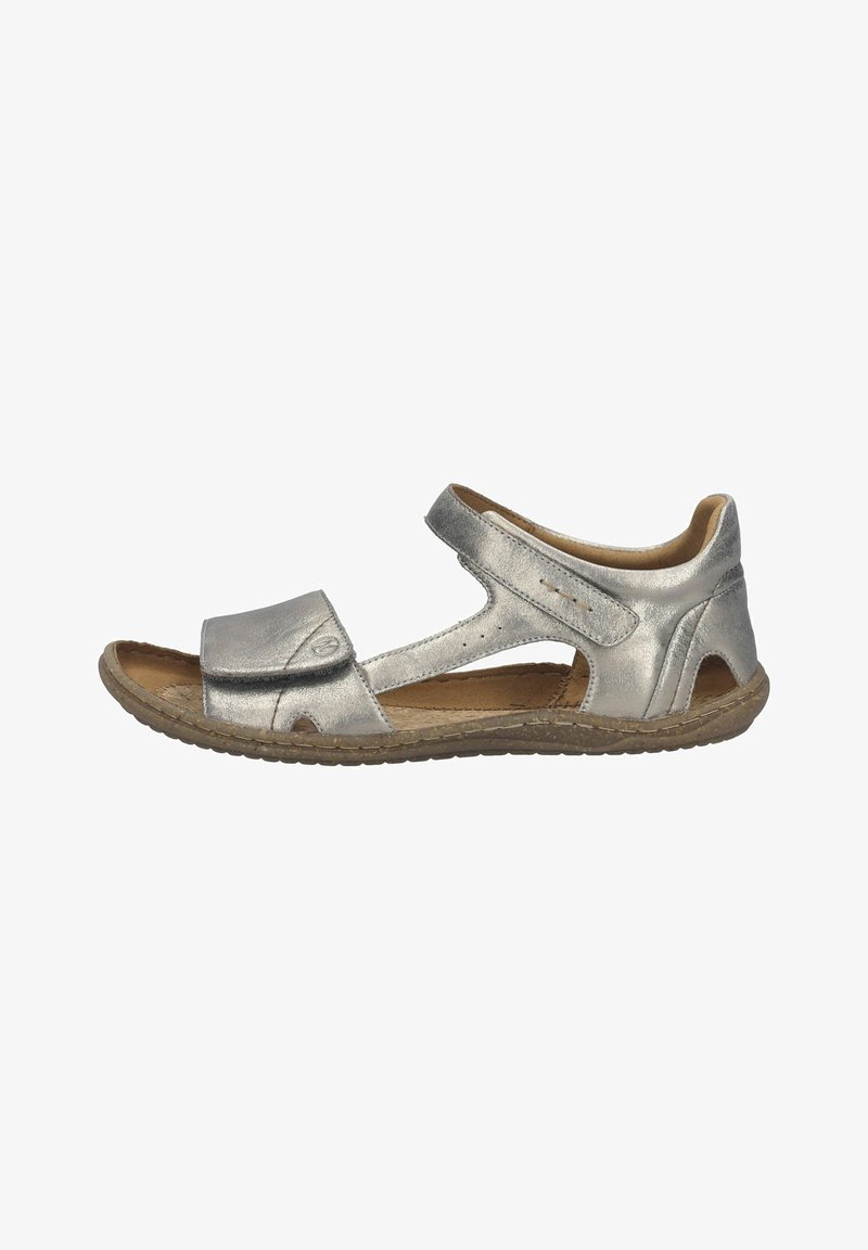 Silver metallic sandals with a flat sole, open design, adjustable strap, and stitched detailing along the edges. Lightweight and casual.