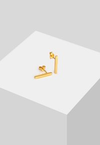 Orecchini a perno in metallo color oro con design a barra rettangolare. Presentano una superficie liscia e una forma geometrica minimalista.