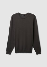 Maglione grigio scuro a maniche lunghe realizzato in tessuto morbido. Presenta un colletto rotondo e polsini e orlo a coste. Design minimalista, senza motivi.