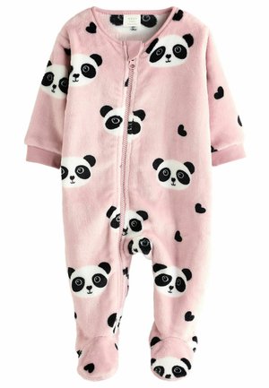 Panda-mønstrede lyserøde fleece-onesie med lange ærmer, foddesign og en frontlynlås. Blød tekstur med sorte og hvide pandaansigt og hjerter.