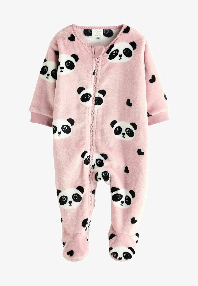 Rožinė flisinė kombinezonas su pandų raštu, ilgomis rankovėmis, uždengtais pėdais ir priekiniais užtrauktukais. Minkšta tekstūra, su juodais ir baltais pandų veidais bei širdelėmis.