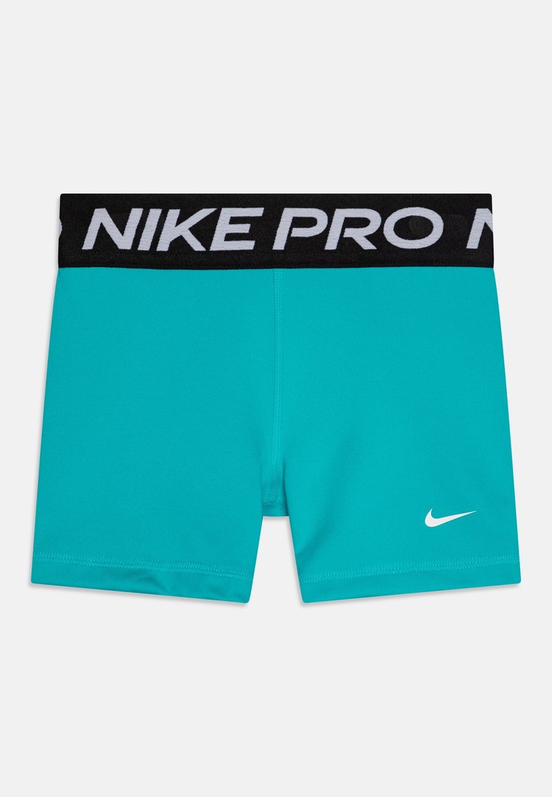 Tyrkysové sportovní šortky s černým elastickým pasem. Na pásu se nachází bílé logo "NIKE PRO" a malý bílý znak Nike.