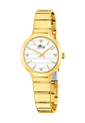 Horloge van goudkleurige Lotus met witte, gestructureerde wijzerplaat, minimalistische uurmarkeringen, drie wijzers en een metalen schakelband.