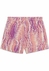 Pantalones cortos multicolores con un patrón ondulado en tonos de rosa y morado. Cintura elástica; material suave y ligero. Longitud hasta medio muslo.