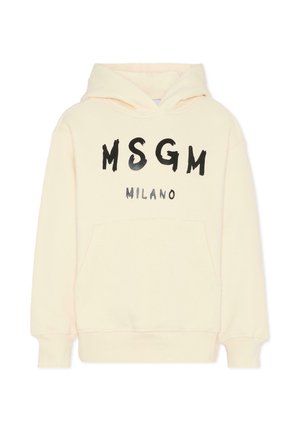 Un hoodie de couleur crème en tissu doux, avec une poche avant et le logo "MSGM" en noir et gris. Capuche ajustable incluse.