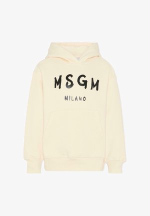 Cremefarvet hoodie lavet af blødt stof, med en lomme foran og logoet "MSGM" i sort og grå. Justerbar hætte inkluderet.