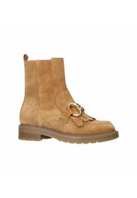 Bruine suède enkelboots met een decoratieve kwast en ronde hardware-accent, met een chunky zool en een lusje aan de achterkant.