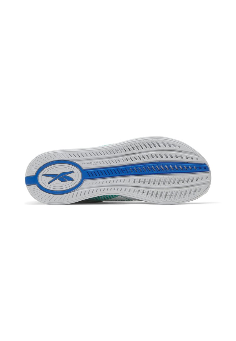 Suela de zapato con una base blanca, acentos azules, ranuras texturizadas para agarre y un logo circular incrustado. Presenta la marca "FLOATRIDE".