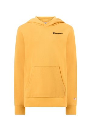 Gele Champion hoodie met voorzak en klein logo op de borst en mouwboord, getoond tegen een witte achtergrond.