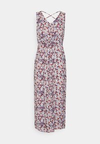 Floral maxi dress with a white background, featuring colorful flower patterns, a scoop neckline, and crisscross straps at the back.