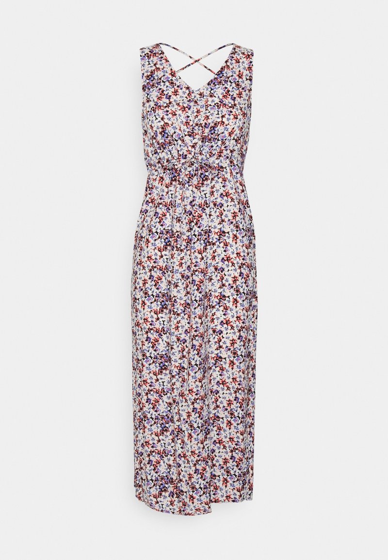 Floral maxi dress with a white background, featuring colorful flower patterns, a scoop neckline, and crisscross straps at the back.