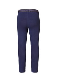 Marinblå ribbade leggings med en texturerad midjeband och ett mönstrat accent. Tillverkade av ett stretchigt, lätt tyg.