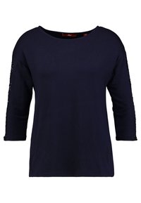 Mörkblå långärmad topp med bred halsringning, prydd med texturerade spetsdetaljer längs ärmarna och en avslappnad passform. Slät tyg.