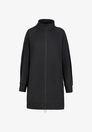 Schwarze Zip-Jacke mit hohem Kragen, langen Ärmeln und gerippten Bündchen. Hergestellt aus weichem Material mit geradem Schnitt und Reißverschlussdetails.