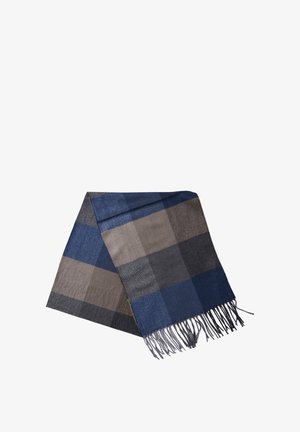 Sciarpa in lana intrecciata con un motivo a quadri nei colori blu navy, grigio e marrone, con bordi frangiati, texture morbida e forma rettangolare.