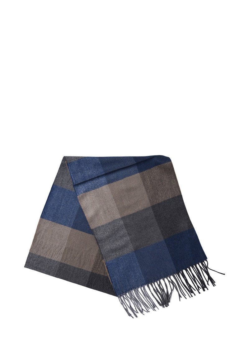 Sciarpa in lana intrecciata con un motivo a quadri nei colori blu navy, grigio e marrone, con bordi frangiati, texture morbida e forma rettangolare.