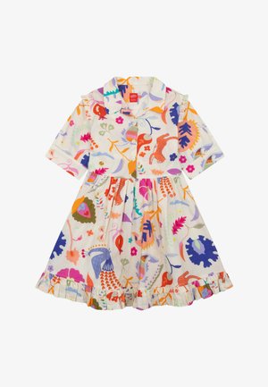 Korte mouwen, jurk met kraag van lichtgewicht stof. Heeft een levendige, meerkleurige bloemen- en dierenprint met een gerimpelde zoom.