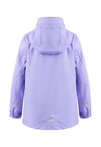 Lavendel wasserfeste Jacke mit Kapuze, elastischen Bündchen und reflektierenden Akzenten an den Ärmeln. Glattes, leichtes Material.