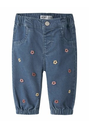 Pantalon bleu pour tout-petit avec taille et poignets élastiques, décoré de petites fleurs roses, jaunes et marron brodées.