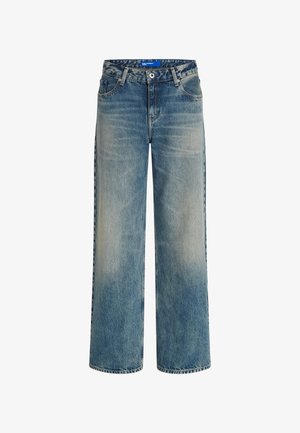 Világoskék farmer széles szárú nadrág magas derekkal, öt zsebbel és enyhe kopással. Cipzáras fronttal és belső címkével rendelkezik.