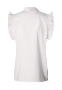 White blouse featuring ruffled short sleeves, a classic collar, and a straight cut. Made of lightweight fabric with a smooth texture.