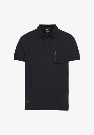 Marineblauwe polo van katoen met een ritszakje op de linkerkant van de borst, twee knopen bij de kraag en een gestructureerde afwerking.