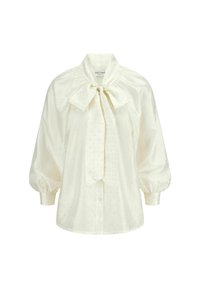 Weiße Bluse aus glattem Stoff mit Puffärmeln, einem Schleifenkragen und kleinen dekorativen Punkten. Mit Knopfverschluss vorne.