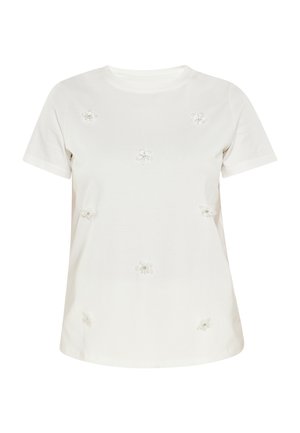T-shirt bianca in cotone con maniche corte, caratterizzata da accenti floreali ricamati con perline distribuite uniformemente sulla parte anteriore.