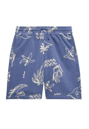 Blå shorts med snørre, dekoreret med hvide, abstrakte havtema-print, herunder søstjerner, koraller og håndformede motiver, med tekst som "St. Mawes" og "British Skies".